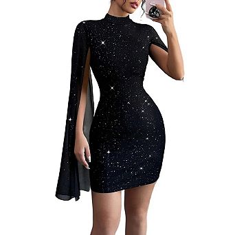Women's Bodycon Glitter Mini Dress Mock Neck Cloak Sleeve Cocktail Shimmering Elegant Dresses