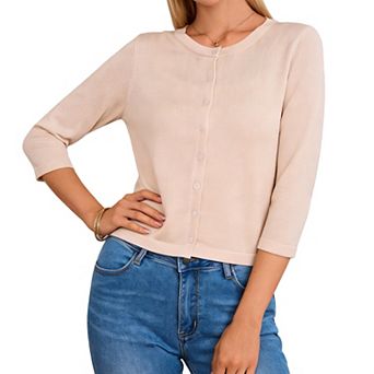 Women's Crew Neck Button Down 3/4 Sleeve Cropped Knit Cardigan Lightweight Soft Sweater Outerwear