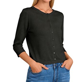 Women's Crew Neck Button Down 3/4 Sleeve Cropped Knit Cardigan Lightweight Soft Sweater Outerwear
