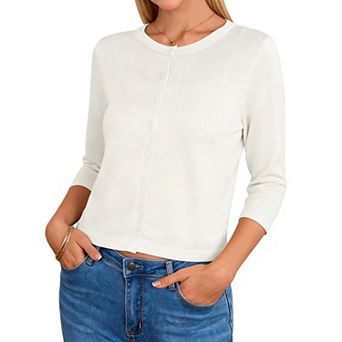 Women's Crew Neck Button Down 3/4 Sleeve Cropped Knit Cardigan Lightweight Soft Sweater Outerwear