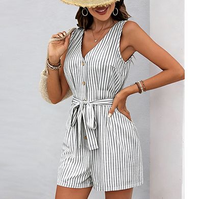 Women's Sleeveless Stripe Romper V Neck Button Down Belted Waist Short Jumpsuit Casual Summer Romper
