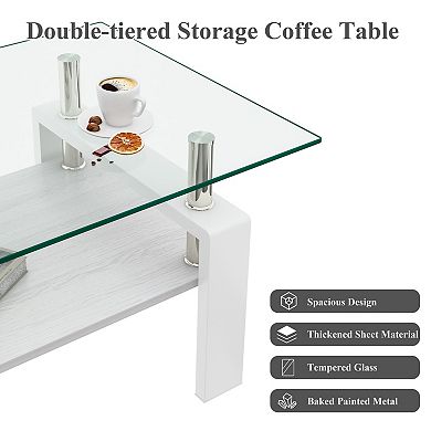 KWPZQEB Rectangle Coffee Table, Tempered Glass Tea Table with Lower Shelf for Living Room
