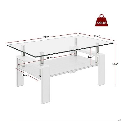 KWPZQEB Rectangle Coffee Table, Tempered Glass Tea Table with Lower Shelf for Living Room