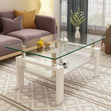 KWPZQEB Rectangle Coffee Table, Tempered Glass Tea Table with Lower Shelf for Living Room