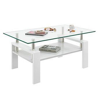 KWPZQEB Rectangle Coffee Table, Tempered Glass Tea Table with Lower Shelf for Living Room