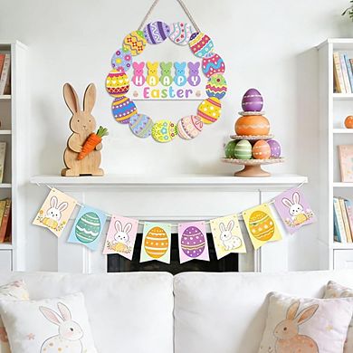 Easter Bunny Door Sign Wooden Wreath for Front Door, Wall, Porch, or Spring Decor