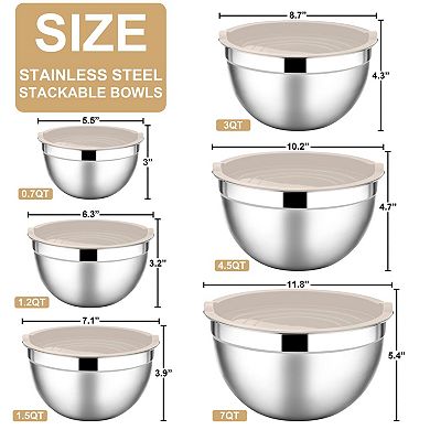 12pc Mixing Bowls With Lids Stainless Steel Nesting Salad Metal 7/4.5/3/1.5/1.2/0.7QT