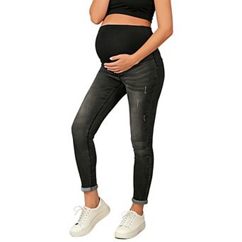 Women's Maternity Skinny Jeans Over The Bump Stretch Denim Rolled Cuff Pregnancy Pants with Pockets