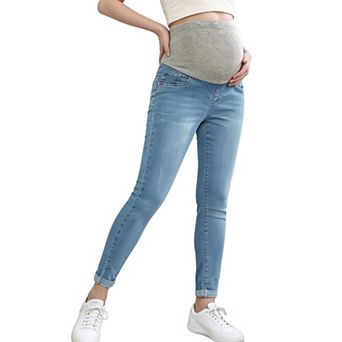 Women's Maternity Skinny Jeans Over The Bump Stretch Denim Rolled Cuff Pregnancy Pants with Pockets