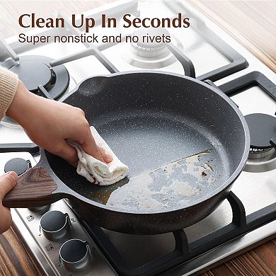 Nonstick Deep Frying Pan Saute With Lid Stay-cool Handle Stone Cookware Induction Compatible