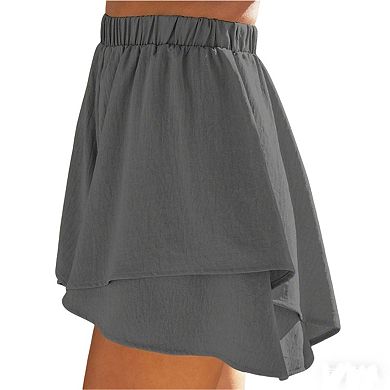 Women's Solid Layered Boho Short Elastic High Waist Casual Summer Flowy Swing Shorts Skirt