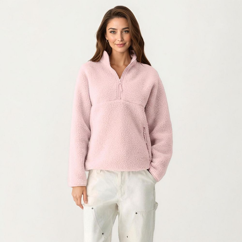 Women's High Pile Fleece Pullover Jacket with Half Zip Front Stand
