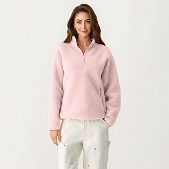 Women's High Pile Fleece Pullover Jacket with Half Zip Front Stand Collar Long Sleeves