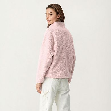 Women's High Pile Fleece Pullover Jacket with Half Zip Front Stand Collar Long Sleeves