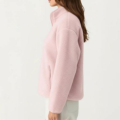 Women's High Pile Fleece Pullover Jacket with Half Zip Front Stand Collar Long Sleeves