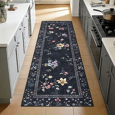 Floral Washable Rugs Ultra Thin Soft Non Slip Ultra Table Carpet for Living Room Office