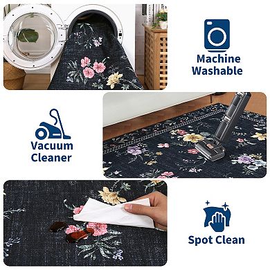 Floral Washable Rugs Ultra Thin Soft Non Slip Ultra Table Carpet for Living Room Office