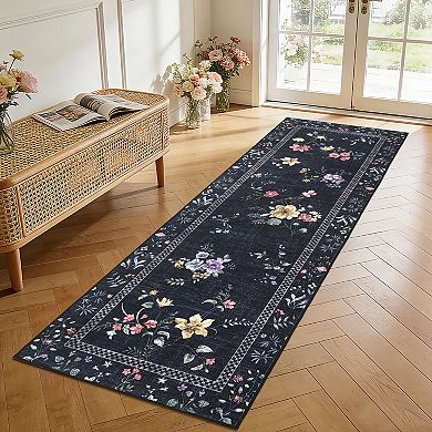 Floral Washable Rugs Ultra Thin Soft Non Slip Ultra Table Carpet for Living Room Office