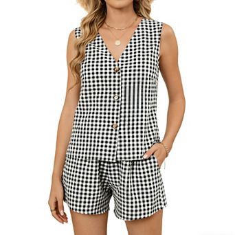 Women's Two Piece Outfit Sleeveless Vest Top and Shorts Set Casual Summer Vacation Wear