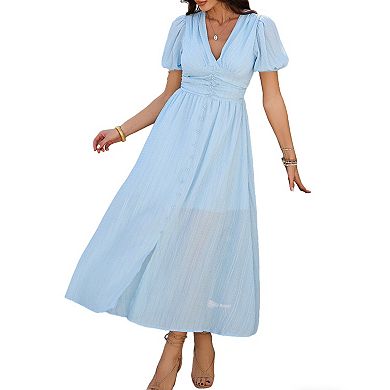 Women's Summer V Neck Puff Short Sleeve Midi Boho Dress Casual Vacation High Split Button Long Dress