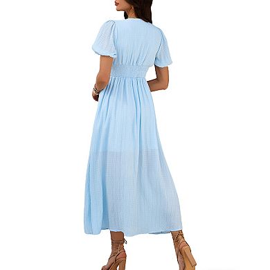 Women's Summer V Neck Puff Short Sleeve Midi Boho Dress Casual Vacation High Split Button Long Dress