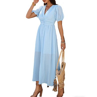 Women's Summer V Neck Puff Short Sleeve Midi Boho Dress Casual Vacation High Split Button Long Dress