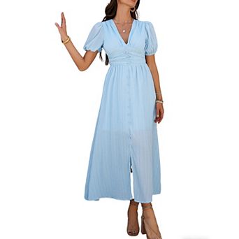 Women's Summer V Neck Puff Short Sleeve Midi Boho Dress Casual Vacation High Split Button Long Dress
