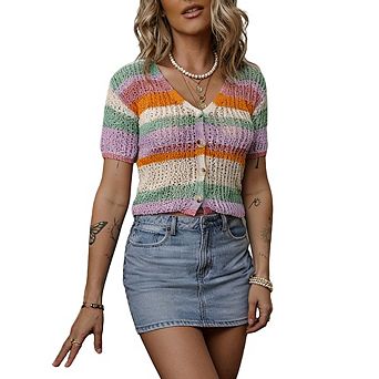 Women's Stripe Crochet Crop Top V Neck Button Down Short Sleeve Knit Lightweight Summer Cardigan Top