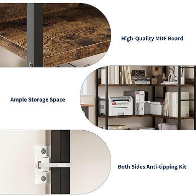 5 Tier Corner Bookshelf with Arched Metal Frame, Industrial L Shaped Bookcase