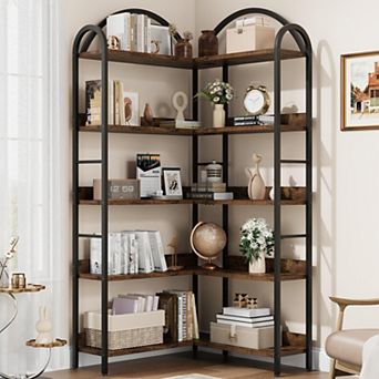 5 tier Corner Bookshelf with Arched Metal Frame, Industrial L Shaped Bookcase