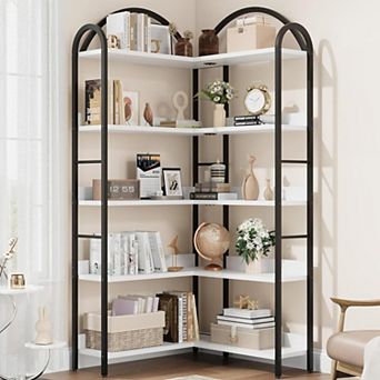 5 tier Corner Bookshelf with Arched Metal Frame, Industrial L Shaped Bookcase