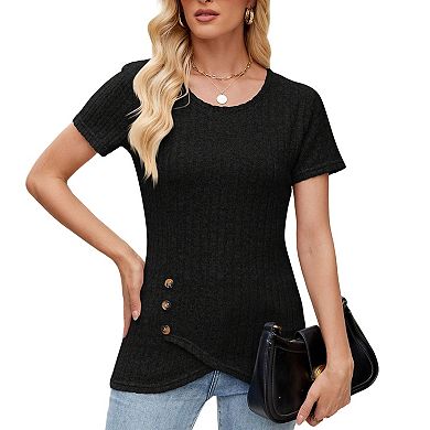 Women's Ribbed Short Sleeve Tunic Top Asymmetrical Button Crew Neck Shirt Summer Casual Blouse