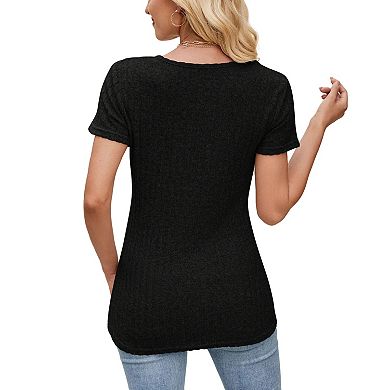 Women's Ribbed Short Sleeve Tunic Top Asymmetrical Button Crew Neck Shirt Summer Casual Blouse