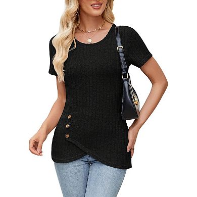 Women's Ribbed Short Sleeve Tunic Top Asymmetrical Button Crew Neck Shirt Summer Casual Blouse