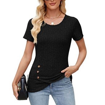 Women's Ribbed Short Sleeve Tunic Top Asymmetrical Button Crew Neck Shirt Summer Casual Blouse