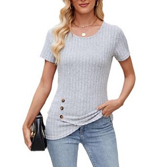 Women's Ribbed Short Sleeve Tunic Top Asymmetrical Button Crew Neck Shirt Summer Casual Blouse