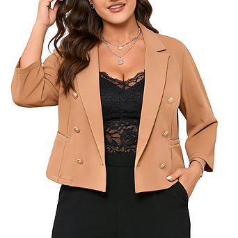 Women's Plus Size Double Breasted Blazer 3/4 Sleeve Cropped Open Front Lapel Casual Office Blazer