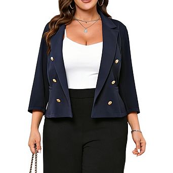 Women's Plus Size Double Breasted Blazer 3/4 Sleeve Cropped Open Front Lapel Casual Office Blazer