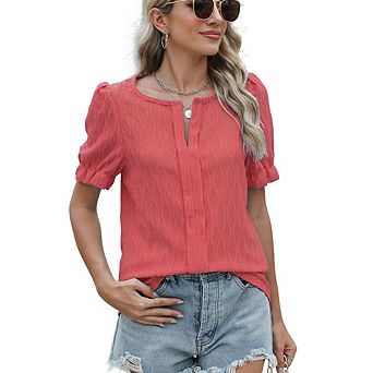 Women Textured Puff Short Sleeve Blouse Casual V-Neck Ruffle Cuff Summer Top