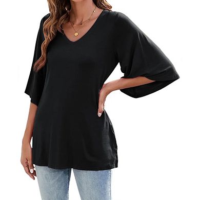 Women's 3/4 Bell Sleeve V Neck Loose Fit Tunic Tops