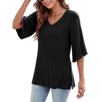 Women's 3/4 Bell Sleeve V Neck Loose Fit Tunic Tops