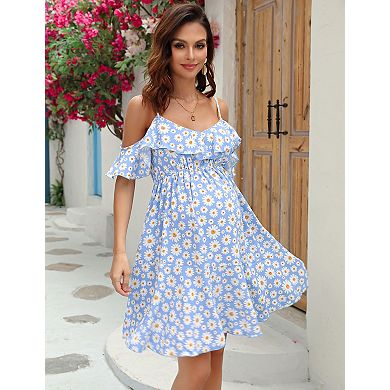 Maternity Nursing Dress Womens V-Neck Spaghetti Strap Ruffle Sleeve Flowy Swing Dress
