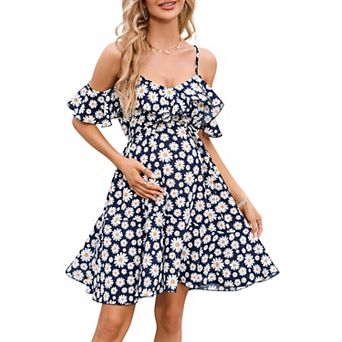 Maternity Nursing Dress Womens V-Neck Spaghetti Strap Ruffle Sleeve Flowy Swing Dress