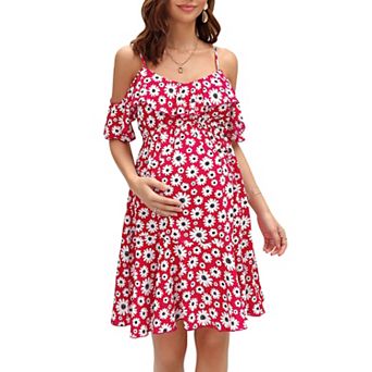 Maternity Nursing Dress Womens V-Neck Spaghetti Strap Ruffle Sleeve Flowy Swing Dress