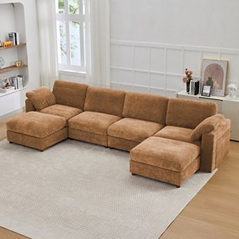 CEWOR U-shaped sofa with 1 Ottoman, 4 Seat Teddy Fleece Sofa Set with Convertible Armrests