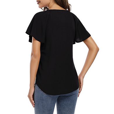 Women Ruffle Short Sleeve Blouse V-Neck Tie Front Flowy Top