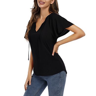Women Ruffle Short Sleeve Blouse V-Neck Tie Front Flowy Top