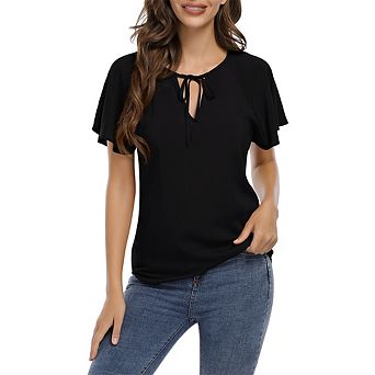 Women Ruffle Short Sleeve Blouse V-Neck Tie Front Flowy Top