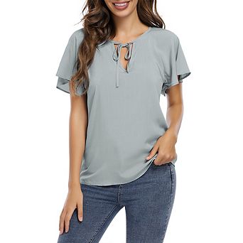Women Ruffle Short Sleeve Blouse V-Neck Tie Front Flowy Top