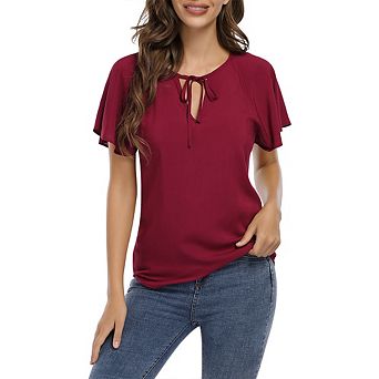 Women Ruffle Short Sleeve Blouse V-Neck Tie Front Flowy Top